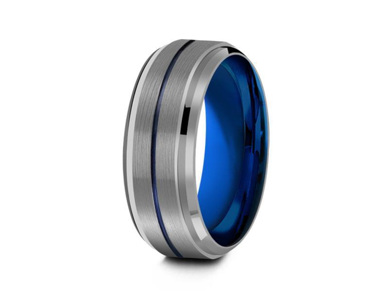 8MM GRAY TUNGSTEN WEDDING BAND BLUE CENTER AND BLUE INTERIOR