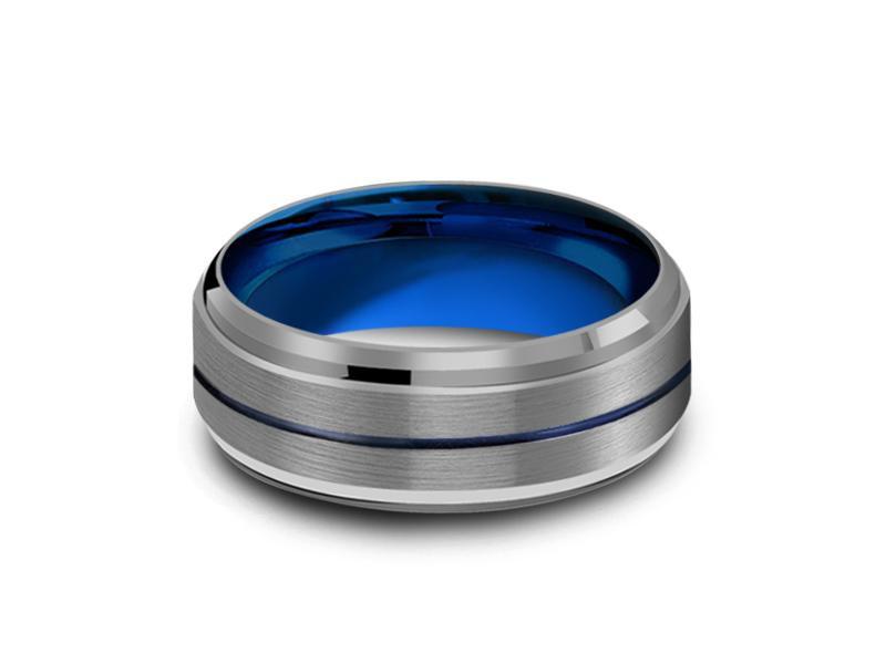 8MM GRAY TUNGSTEN WEDDING BAND BLUE CENTER AND BLUE INTERIOR