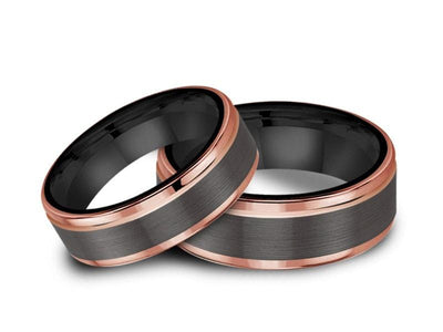 Tungsten Matching Wedding Band Set - Matching Bands - His/Hers - Engagement Ring Set - Two Tone Bands - Ridged Edges - Comfort Fit  6mm/8mm - Vantani Wedding Bands