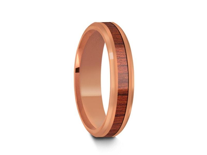 HAWAIIAN Koa Wood Inlay Tungsten Carbide Rose Gold Ring - Koa Wood Wedding Band - Engagement Ring - Beveled Shaped - Comfort Fit 4mm - Vantani Wedding Bands