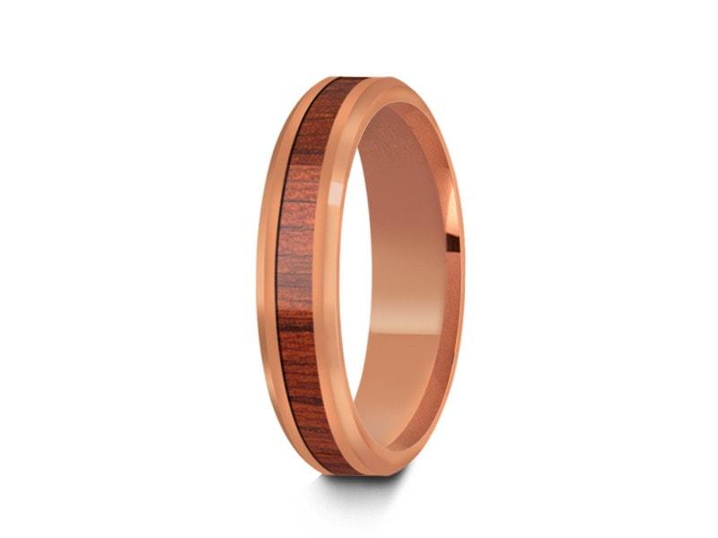 HAWAIIAN Koa Wood Inlay Tungsten Carbide Rose Gold Ring - Koa Wood Wedding Band - Engagement Ring - Beveled Shaped - Comfort Fit 4mm - Vantani Wedding Bands