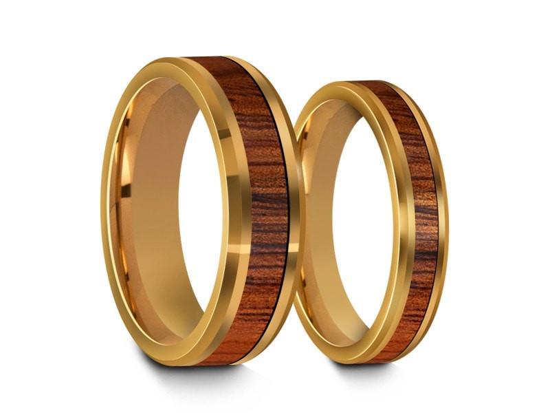 4MM/6MM HAWAIIAN KOA WOOD Tungsten Wedding Band Set BEVELED AND