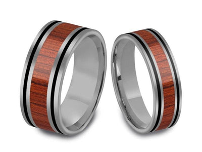 Tungsten Matching Wedding Band Set - Hawaiian Koa Wood Matching Bands - His/Hers - Engagement Ring Set - Three Tone Bands - Flat Shaped - Comfort Fit  6mm/8mm - Vantani Wedding Bands