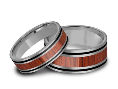 Tungsten Matching Wedding Band Set - Hawaiian Koa Wood Matching Bands - His/Hers - Engagement Ring Set - Three Tone Bands - Flat Shaped - Comfort Fit  6mm/8mm - Vantani Wedding Bands