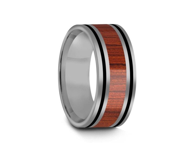 HAWAIIAN Koa Wood Inlay Tungsten Carbide Ring - Koa Wood Wedding Band - Engagement Ring - Flat Shaped - Comfort Fit 8mm - Vantani Wedding Bands