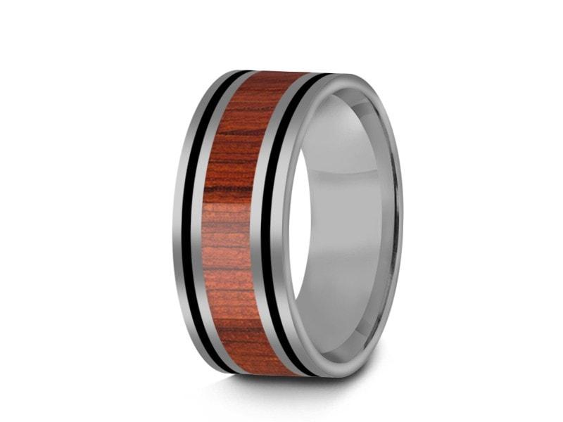 HAWAIIAN Koa Wood Inlay Tungsten Carbide Ring - Koa Wood Wedding Band - Engagement Ring - Flat Shaped - Comfort Fit 8mm - Vantani Wedding Bands