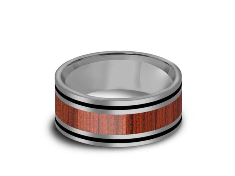 HAWAIIAN Koa Wood Inlay Tungsten Carbide Ring - Koa Wood Wedding Band - Engagement Ring - Flat Shaped - Comfort Fit 8mm - Vantani Wedding Bands