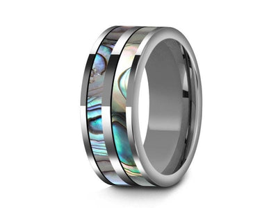 Abalone Shell Tungsten Carbide Wedding Band - Double Abalone Inlay Ring - Shell Ring - Engagement Band - Flat Shaped - Comfort Fit  8mm - Vantani Wedding Bands