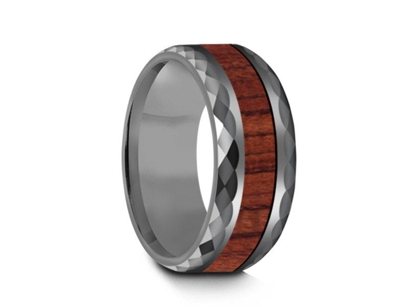 HAWAIIAN Koa Wood Inlay Tungsten Carbide Ring - Koa Wood Wedding Band - Engagement Ring - Beveled Cutting Shaped - Comfort Fit 8mm - Vantani Wedding Bands