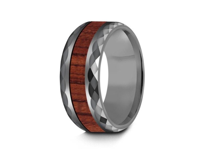 HAWAIIAN Koa Wood Inlay Tungsten Carbide Ring - Koa Wood Wedding Band - Engagement Ring - Beveled Cutting Shaped - Comfort Fit 8mm - Vantani Wedding Bands