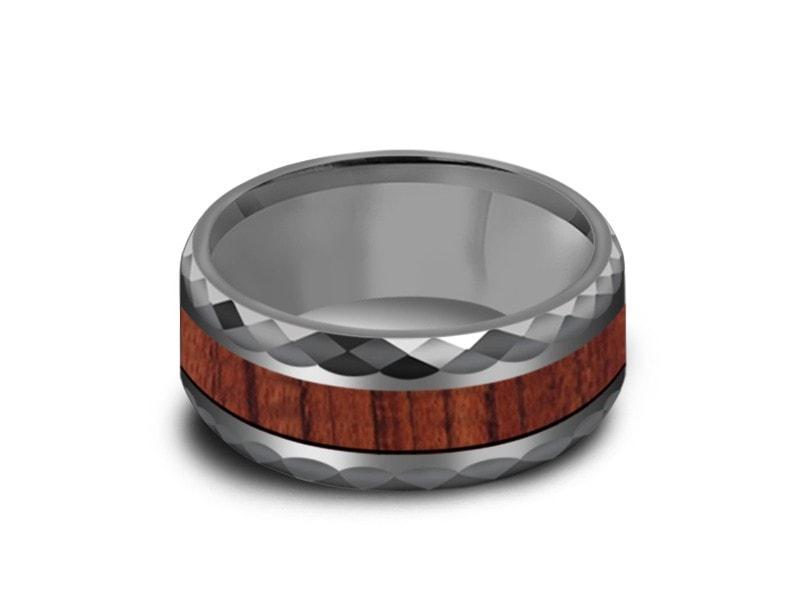 HAWAIIAN Koa Wood Inlay Tungsten Carbide Ring - Koa Wood Wedding Band - Engagement Ring - Beveled Cutting Shaped - Comfort Fit 8mm - Vantani Wedding Bands