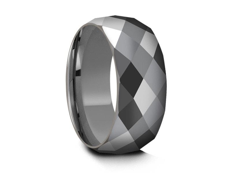 Men's Tungsten Wedding Rings - Multi Faceted Wedding Band - Engagement Ring - Dome Shaped - Comfort Fit 8mm - Vantani Wedding Bands