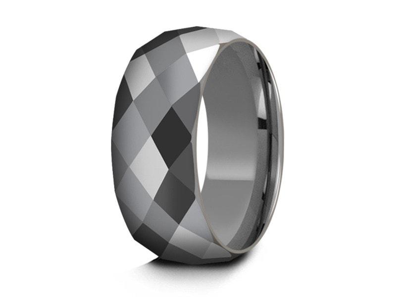 Men's Tungsten Wedding Rings - Multi Faceted Wedding Band - Engagement Ring - Dome Shaped - Comfort Fit 8mm - Vantani Wedding Bands