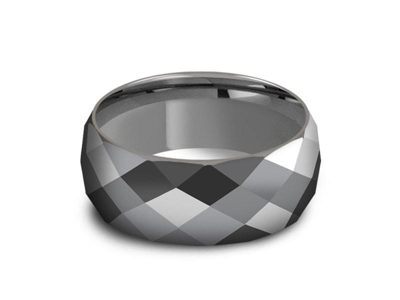 Men's Tungsten Wedding Rings - Multi Faceted Wedding Band - Engagement Ring - Dome Shaped - Comfort Fit 8mm - Vantani Wedding Bands