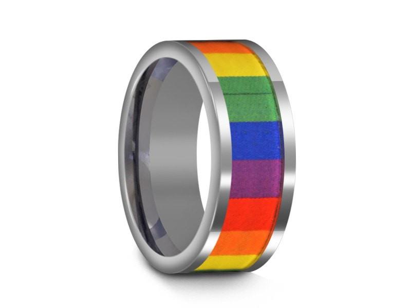 Rainbow Pride Tungsten Wedding Band - High Polish - Engagement Ring - Flat Shaped - Comfort Fit 8mm - Vantani Wedding Bands