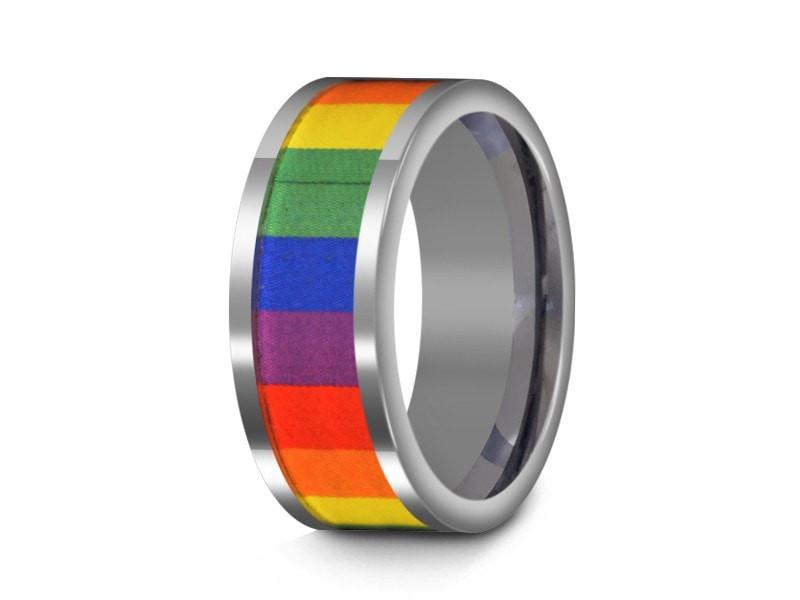 Rainbow Pride Tungsten Wedding Band - High Polish - Engagement Ring - Flat Shaped - Comfort Fit 8mm - Vantani Wedding Bands