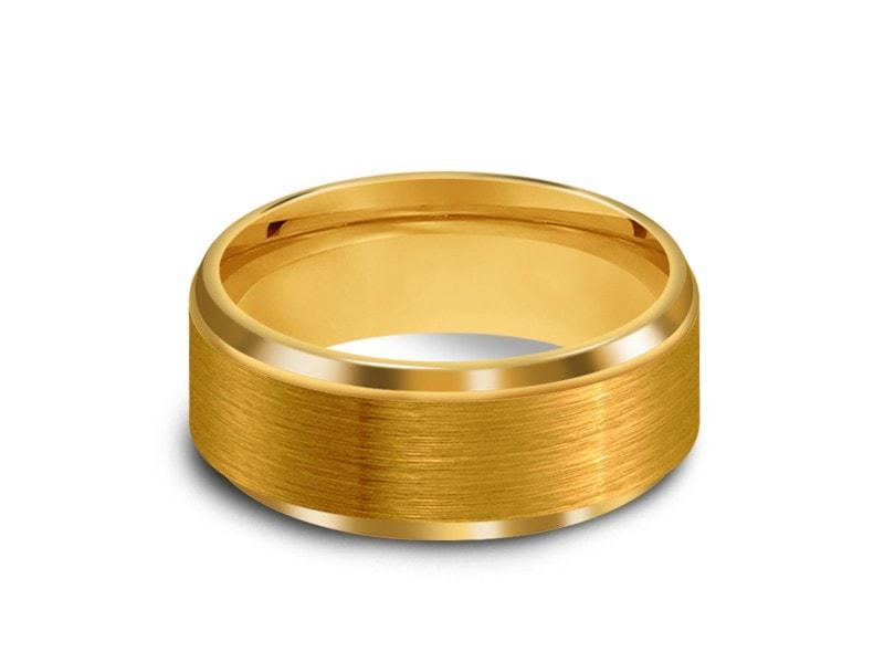 Brushed Yellow Tungsten Wedding Band - Yellow Gold Plated - Engagement Ring - Ridged Edges - Comfort Fit 8mm - Vantani Wedding Bands