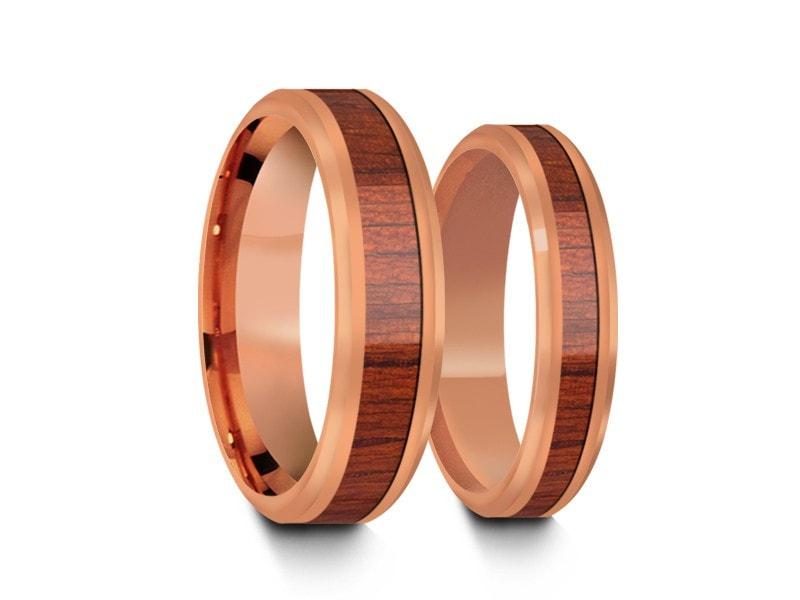 Tungsten Matching Wedding Band Set - Hawaiian Koa Wood Matching Bands - His/Hers - Engagement Ring Set - Two Tone Bands - Beveled Shaped - Comfort Fit 4mm/6mm - Vantani Wedding Bands