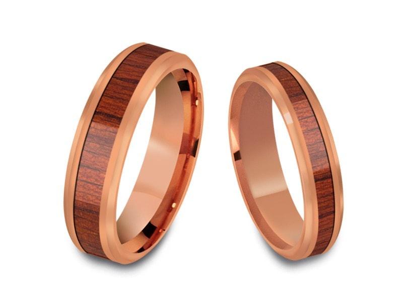 Tungsten Matching Wedding Band Set - Hawaiian Koa Wood Matching Bands - His/Hers - Engagement Ring Set - Two Tone Bands - Beveled Shaped - Comfort Fit 4mm/6mm - Vantani Wedding Bands