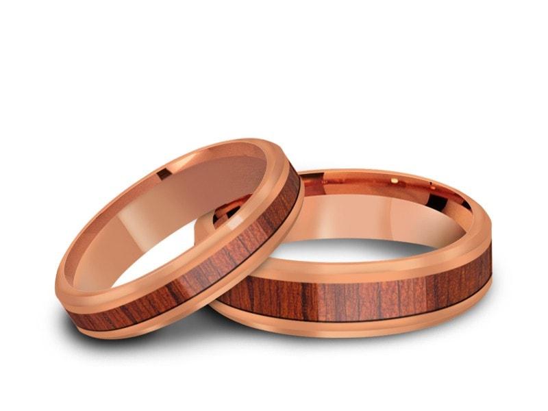 Tungsten Matching Wedding Band Set - Hawaiian Koa Wood Matching Bands - His/Hers - Engagement Ring Set - Two Tone Bands - Beveled Shaped - Comfort Fit 4mm/6mm - Vantani Wedding Bands