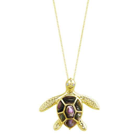 14K Yellow Gold Sea Turtle (Honu) Diamond Necklace