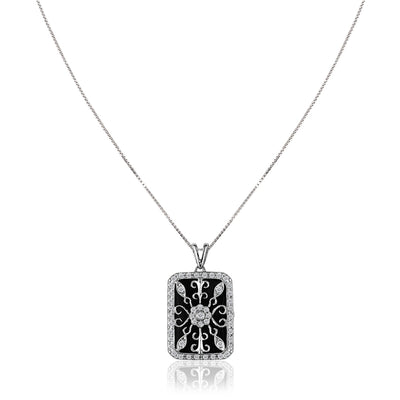 14K White gold locket necklace with black onyx and diamonds