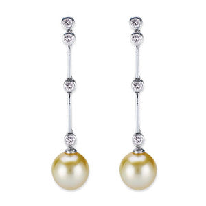 18K White Gold Diamond Dangle Earrings With Yellow Pearl