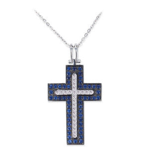 18K White Gold Cross Pendant Necklace With Blue Sapphires And