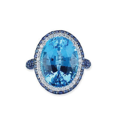 18K WHITE GOLD RING WITH DIAMONDS AND BLUE TOPAZ