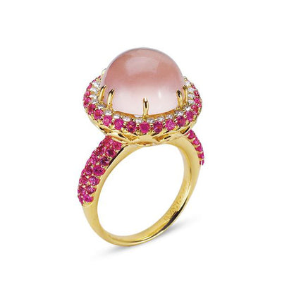 18K YELLOW GOLD RING WITH DIAMONDS SAPPHIRES AND ROSE QUARTZ