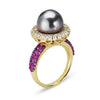 18K YELLOW GOLD RING WITH SAPPHIRES AND CENTER BLACK PEARL
