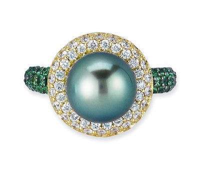 18K YELLOW GOLD RING WITH DIAMONDS TSAVORITE AND CENTER BLACK PEARL