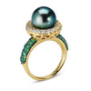 18K YELLOW GOLD RING WITH DIAMONDS TSAVORITE AND CENTER BLACK PEARL