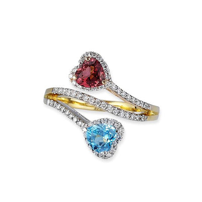 18K Tri Color Gold Birthstone Ring With Diamonds And Colored Stones