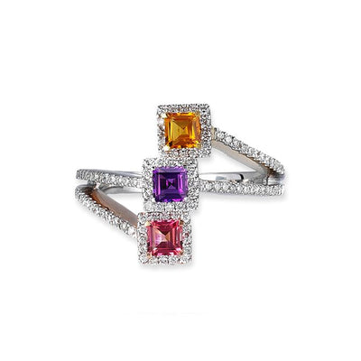 18K Two Tone Birthstone Ring With Diamonds And Colored Stones