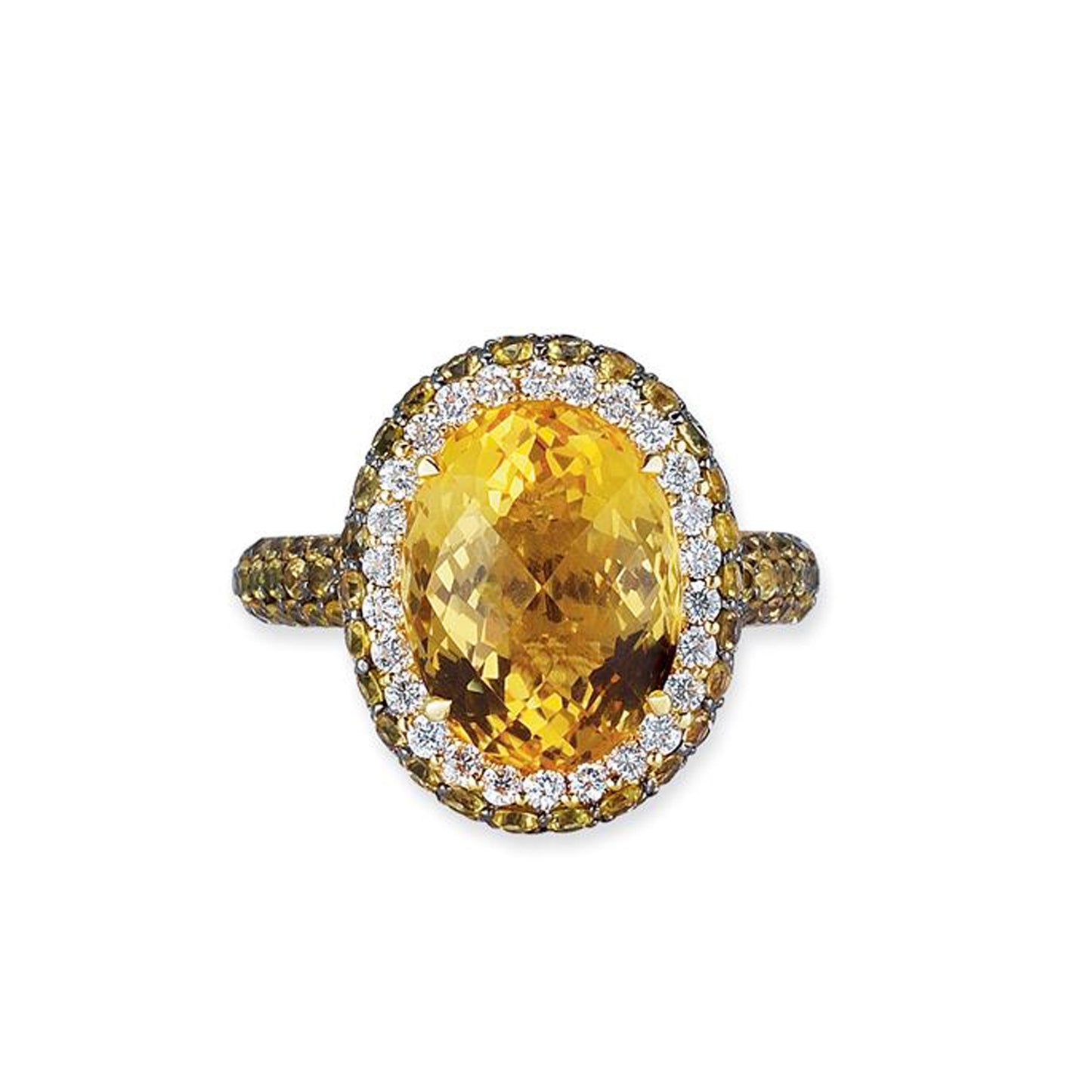18K YELLOW GOLD RING WITH DIAMONDS SAPPHIRES AND CITRINE