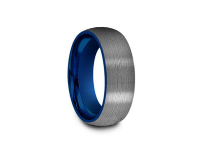 Brushed Tungsten Wedding Band - Blue Plated Inlay - Gunmetal - Two Tone - Engagement Ring - Dome Shaped - Comfort Fit  8mm - Vantani Wedding Bands