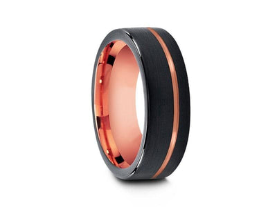 Black & Rose Gold Tungsten Wedding Band - Brushed Polished - Two Tone Ring - Engagement Band - Flat Shaped - Comfort Fit  8mm - Vantani Wedding Bands