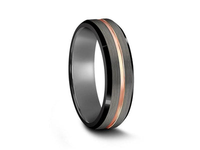 Brushed Tungsten Wedding Band - Rose Gold Plated Inlay - Engagement Ring - Beveled Shaped - Comfort Fit  6mm - Vantani Wedding Bands
