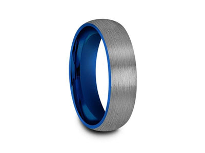 Brushed Tungsten Wedding Band - Blue Plated inlay - Gunmetal - Two Tone - Engagement Ring - Dome Shaped - Comfort Fit  6mm - Vantani Wedding Bands