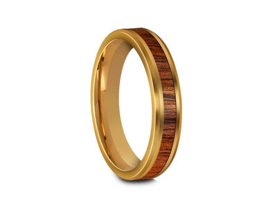HAWAIIAN Koa Wood Inlay Tungsten Carbide Ring - Yellow Gold Palted - Koa Wood Wedding Band - Engagement Ring - Beveled Shaped - Comfort Fit  4mm - Vantani Wedding Bands