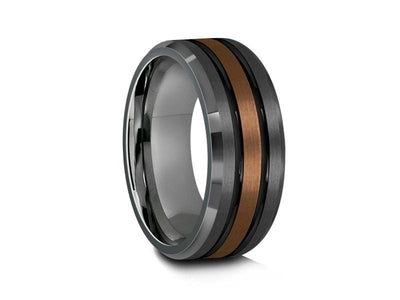 Brushed Tungsten Wedding Band - Rose Gold Plated Inlay - Gunmetal - Two Tone - Engagement Ring - Beveled Shaped - Comfort Fit  8mm - Vantani Wedding Bands