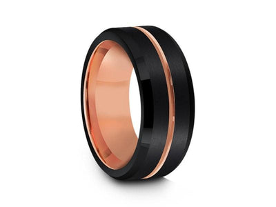 Rose Gold Tungsten Wedding Band - Black Brushed Ring - Engagemnet Ring - Two Tone - Beveled Shaped - Comfort Fit  8mm - Vantani Wedding Bands