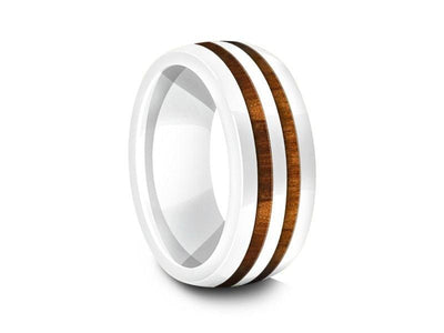 HAWAIIAN Koa Wood Inlay White Ceramic Ring - Ceramic Wedding Band - 5th. Anniversary - Dome Shaped - Engagement Ring - Comfort Fit  8mm - Vantani Wedding Bands