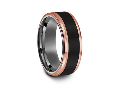 Brushed Black Tungsten Wedding Band - Rose Gold Edges - Three Tone Ring - Engagement Band - Ridged Edges - Comfort Fit  8mm - Vantani Wedding Bands