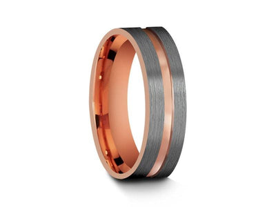 Rose Gold Tungsten Wedding Band - Gray Brushed Ring - Rose Gold Plated Inlay - Two Tone - Flat Shaped - Comfort Fit  6mm - Vantani Wedding Bands