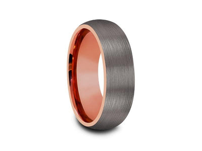 Rose Gold Tungsten Wedding Band - Gray Brushed Ring - Rose Gold Plated Inlay - Two Tone - Dome Shaped - Comfort Fit  8mm - Vantani Wedding Bands