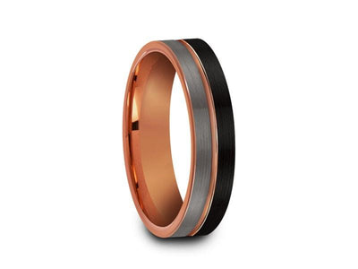 Rose Gold Tungsten Wedding Band- Brushed Polished - Engagement Ring - Three Tone - Flat Shaped - Comfort Fit  6mm - Vantani Wedding Bands