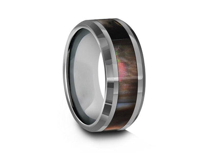 Mother of Pearl Inlay Tungsten Ring - Wedding Band - Engagement Ring - MOP Inlay - Beveled Shaped - Comfort Fit  8mm - Vantani Wedding Bands