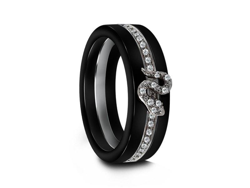 Black Ceramic Ring With CZ's Inlay - Wedding Band - Anniversary Ring - Engagement Band - Flat Shaped - Comfort Fit  6mm - Vantani Wedding Bands